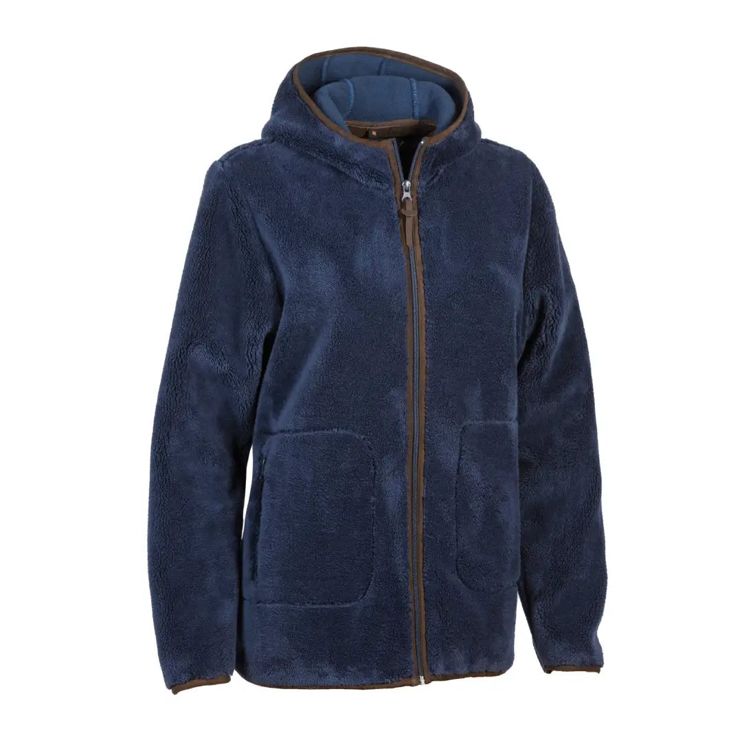 Navy blue fleece jacket with a hood perfect for country clothing and hunting adventures