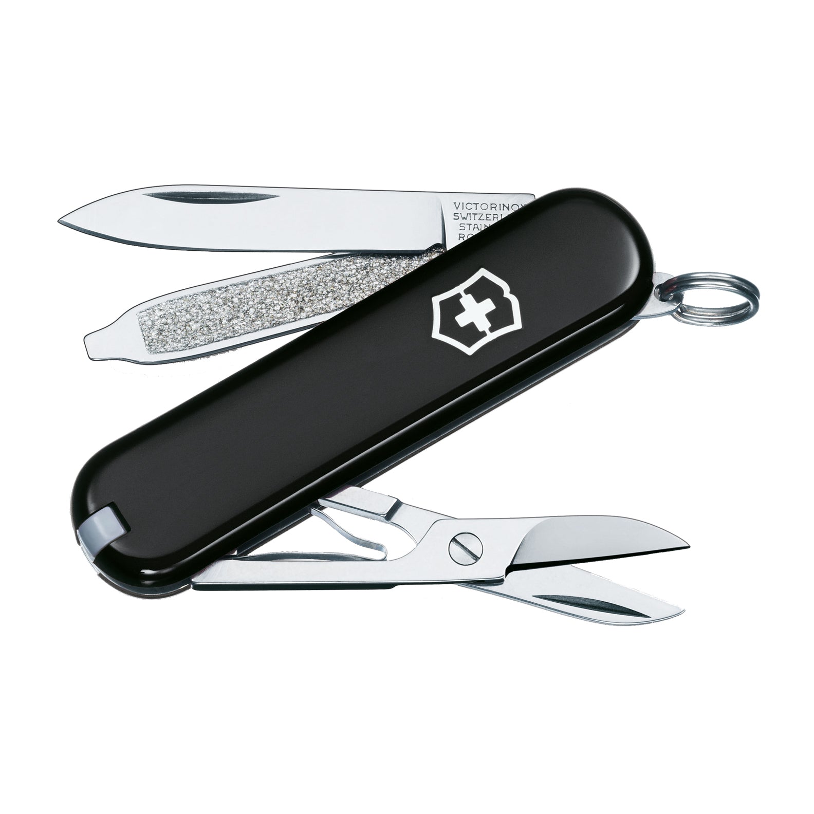 Black Swiss Army knife showcasing tools, perfect for camping or country clothing adventures