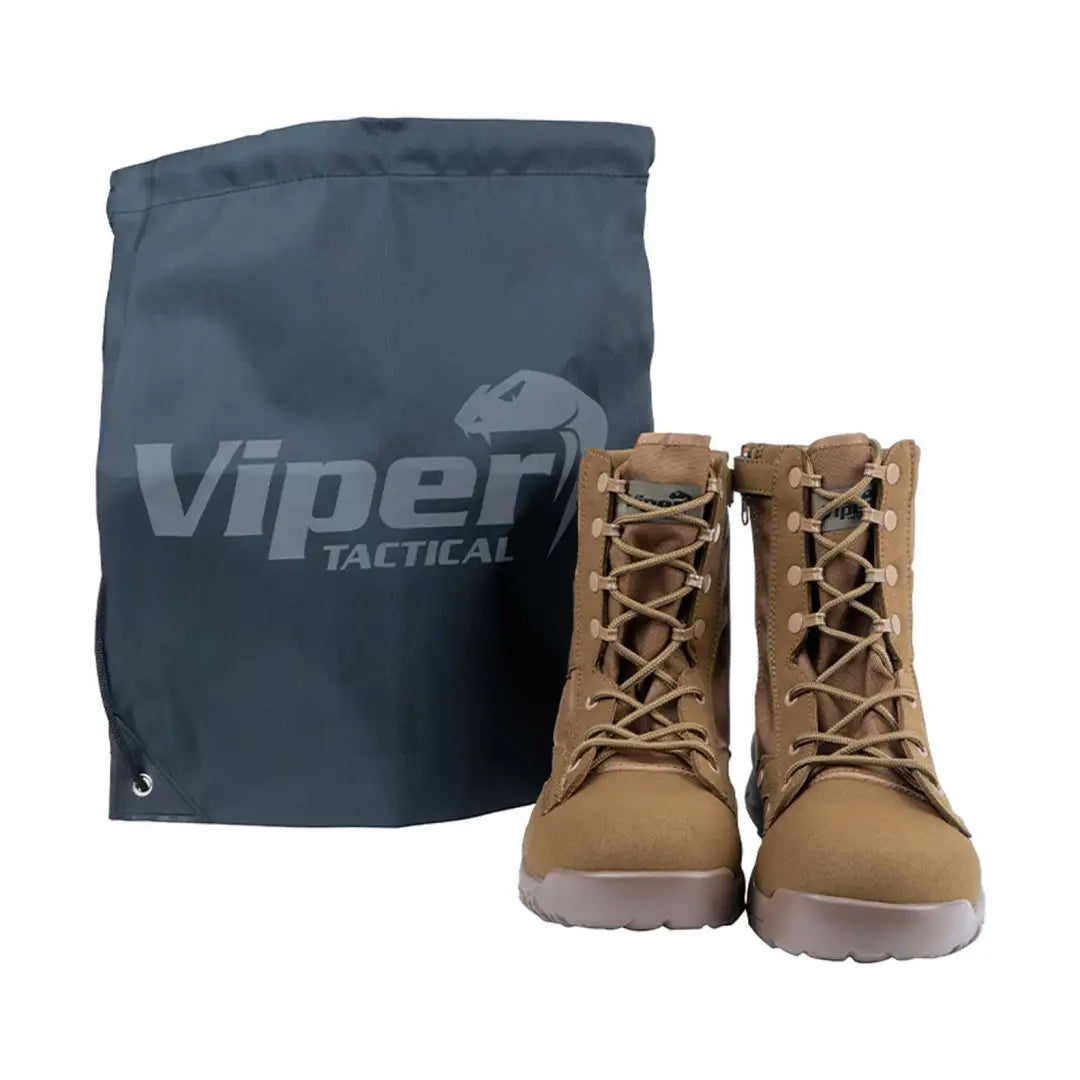 Tan Viper Tactical Sneaker Boots with a black drawstring bag for easy carry