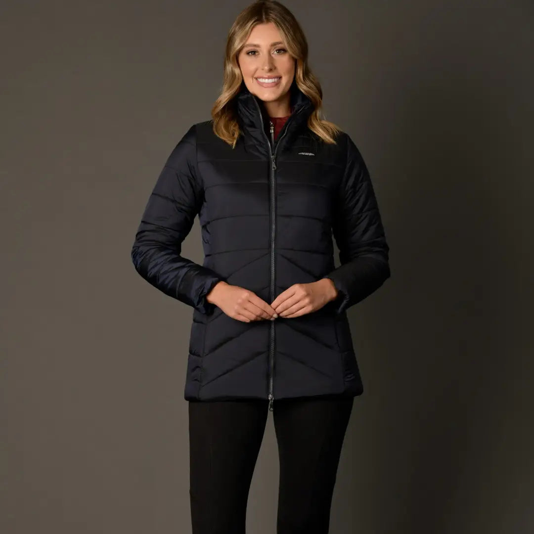 Black WeatherBeeta Harlow Puffer Jacket with a full-length zipper for ultimate style