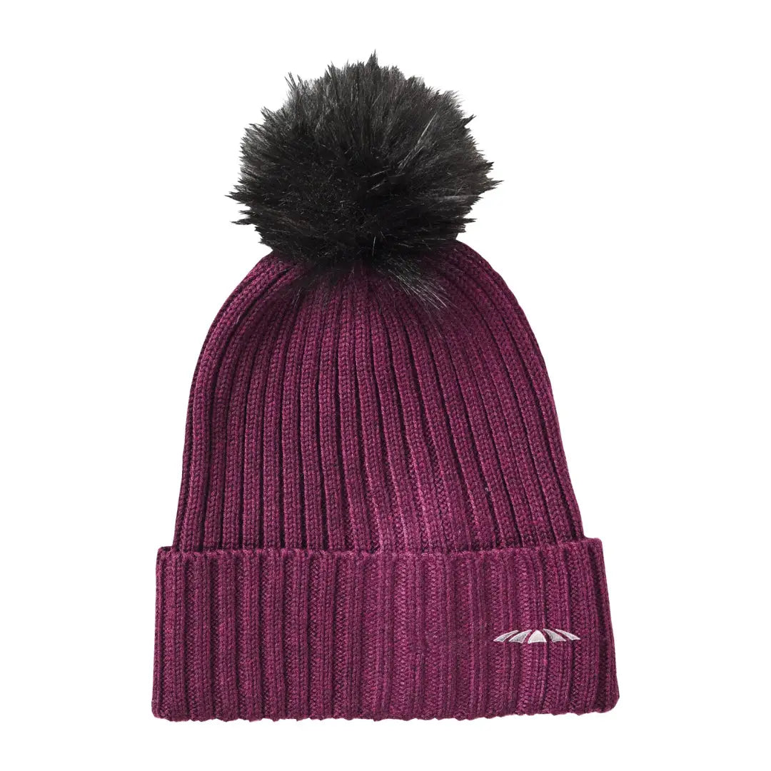 Burgundy WeatherBeeta knit beanie with black pom-pom and cute umbrella logo