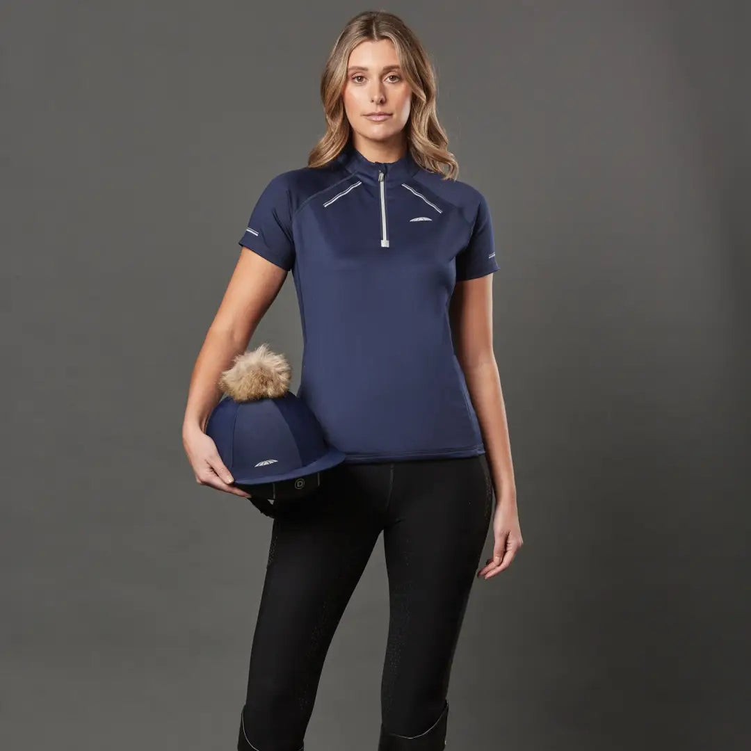 Navy blue WeatherBeeta Victoria Premium short sleeve polo with a quarter-zip collar