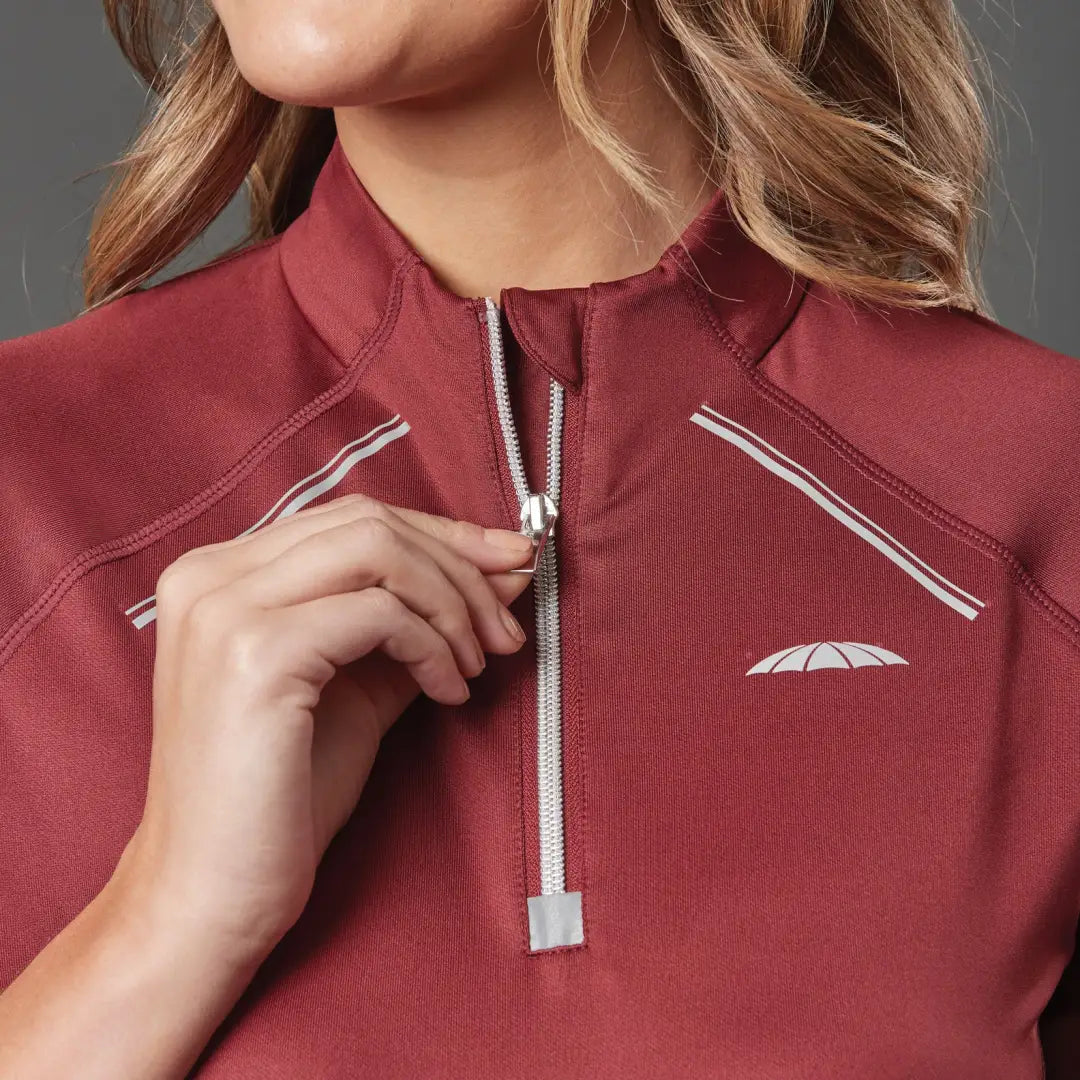 Burgundy WeatherBeeta Victoria Premium short sleeve athletic jacket with zip and white trim