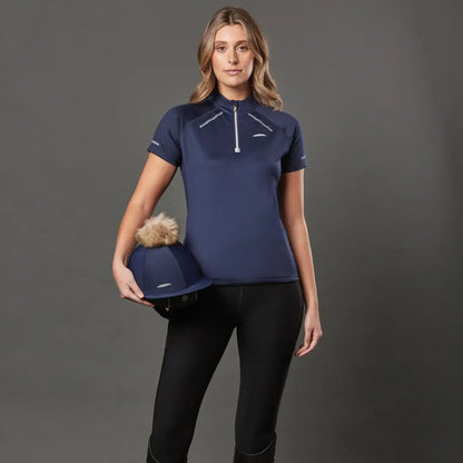 Navy blue WeatherBeeta Victoria Premium short sleeve polo shirt with quarter-zip collar