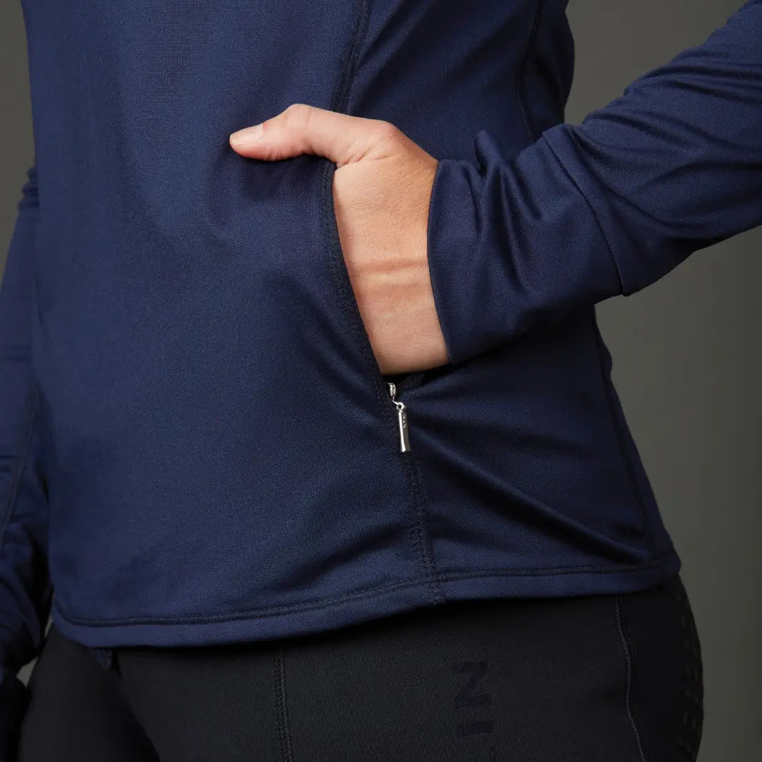 Navy blue WeatherBeeta Victoria Premium Thermal Baselayer Top with hand in pocket